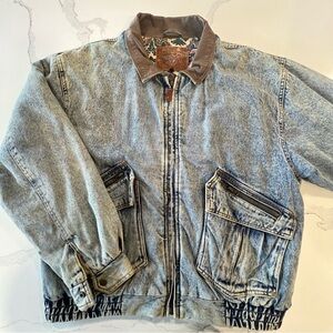1980s Vintage Denim Jacket with Brown Leather Collar and Paisley Lining